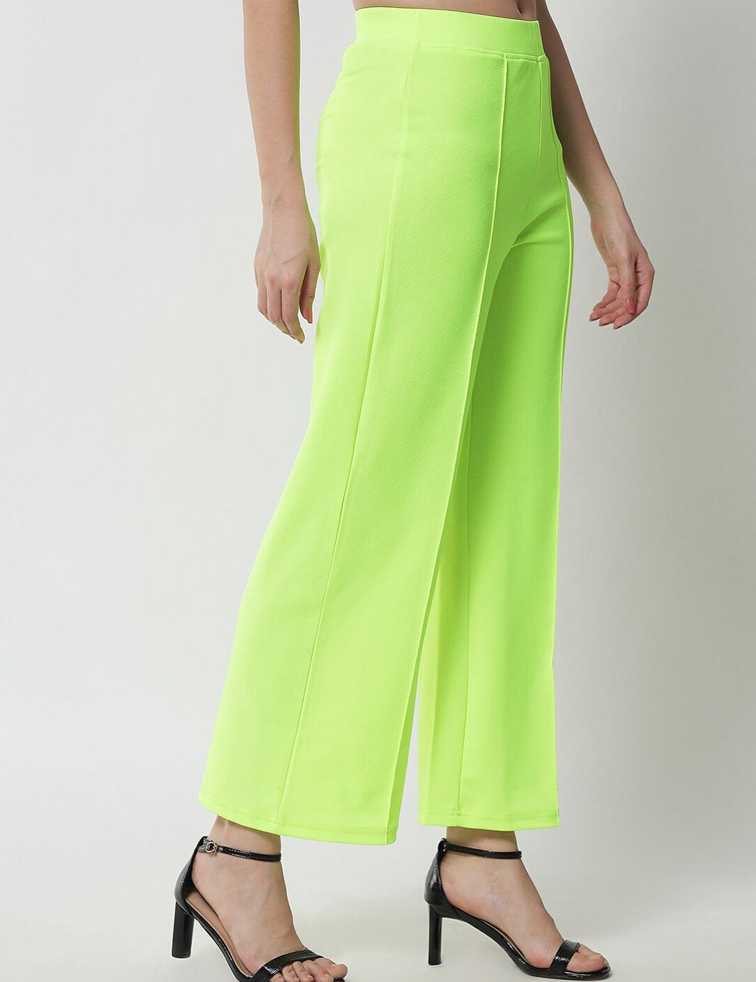 Kotty Women Fluorescent Green Solid Relaxed Straight Fit Parallel Trousers