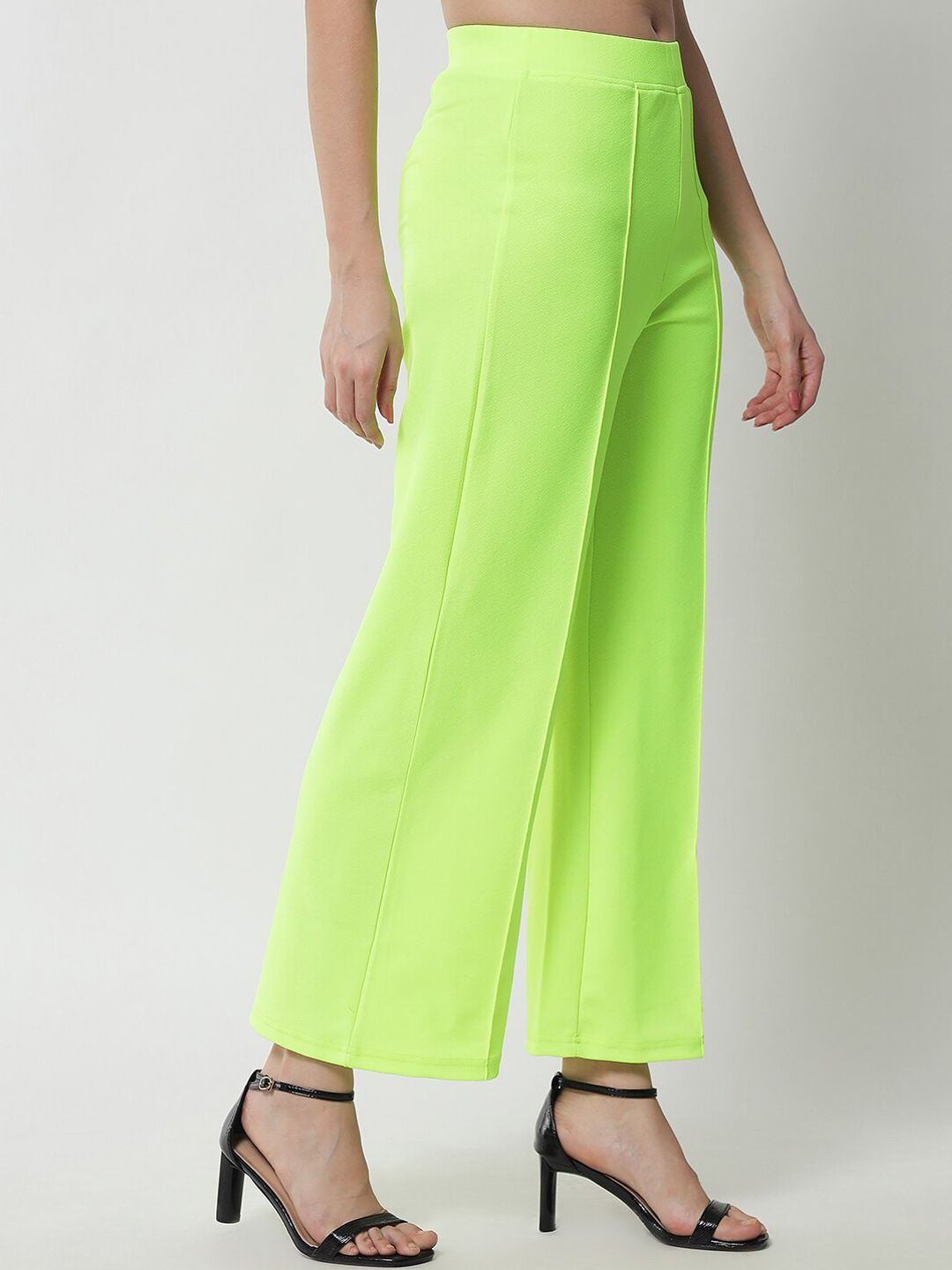 Kotty Women Fluorescent Green Solid Relaxed Straight Fit Parallel Trousers