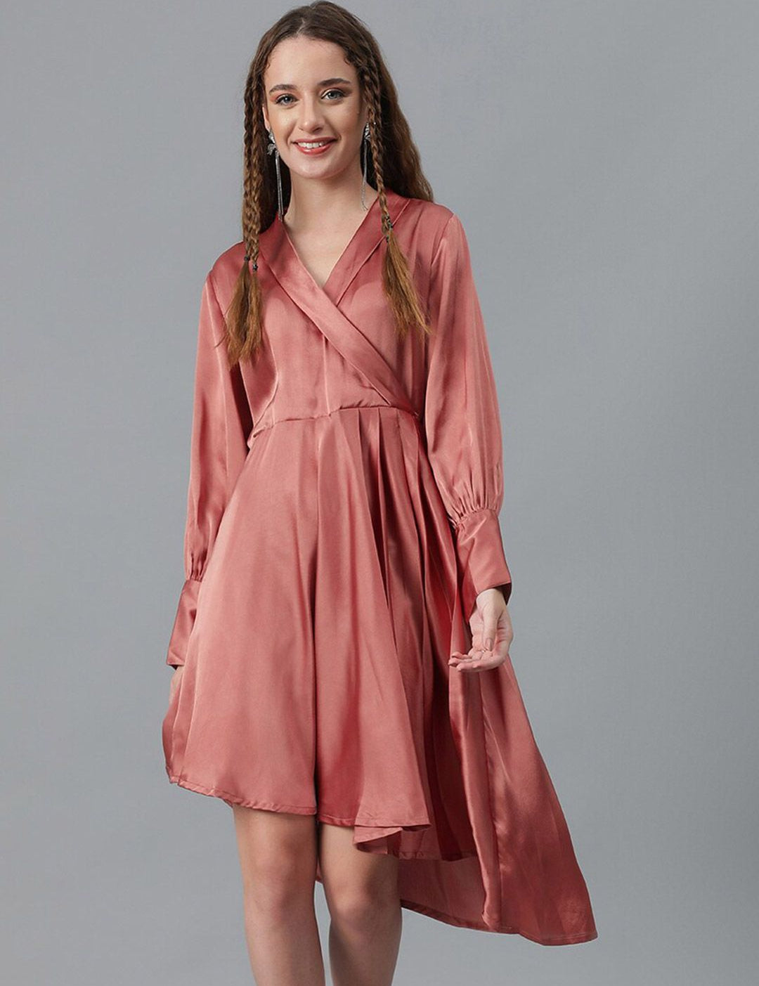 Kotty Brown Cuffed Sleeve Satin Fit & Flare Dress