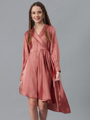 Kotty Brown Cuffed Sleeve Satin Fit & Flare Dress