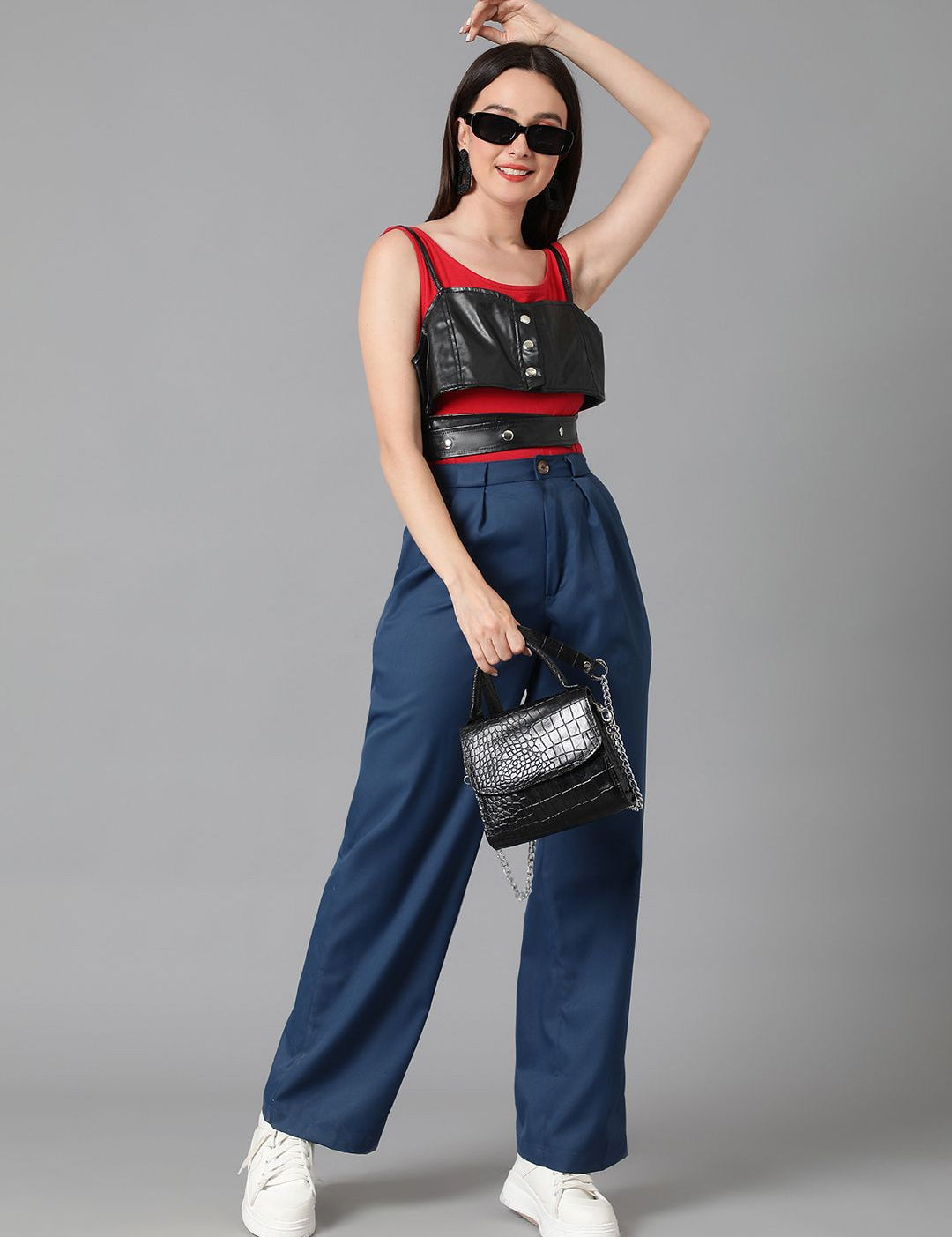 KOTTY BIZwear Women Blue Straight Fit High-Rise Easy Wash Cotton Regular Trousers