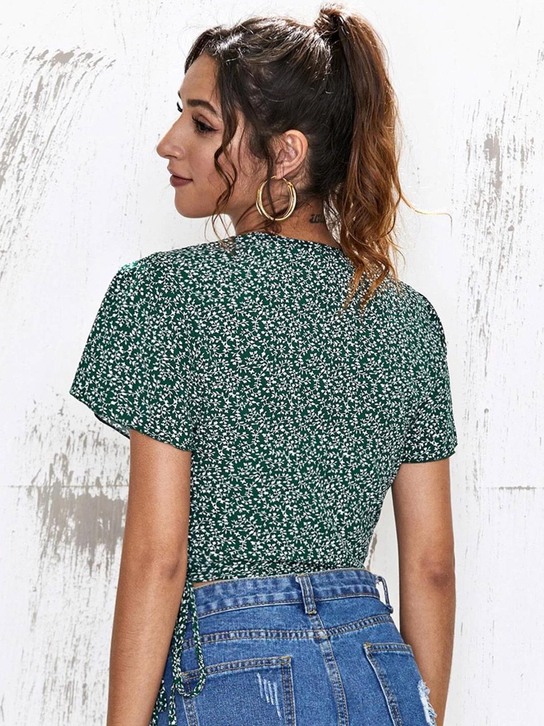 Kotty Green V-Neck Floral Printed Crepe Wrap Crop Top