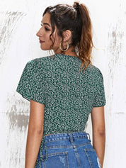 Kotty Green V-Neck Floral Printed Crepe Wrap Crop Top