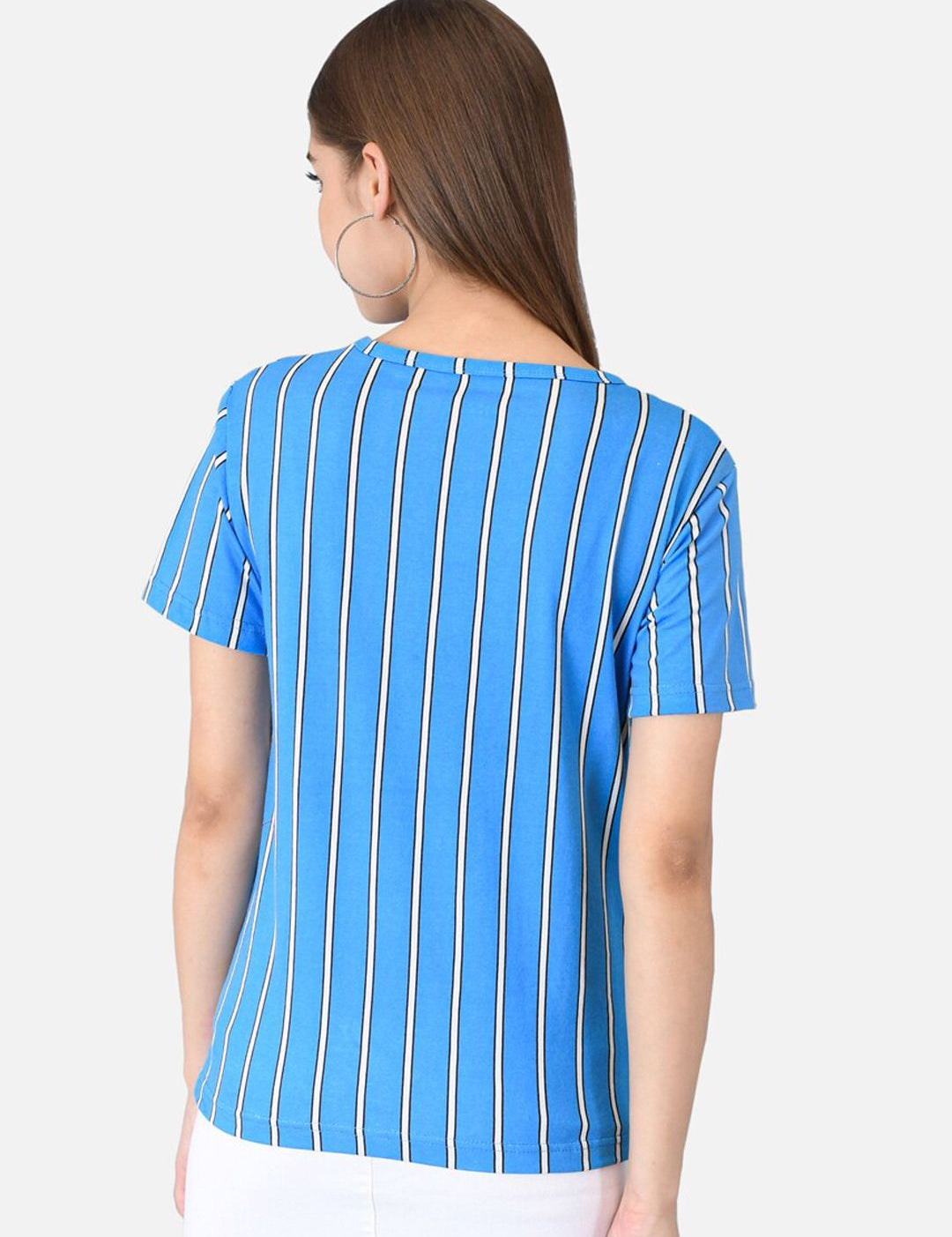 Kotty Women Blue & Orange Striped Round Neck T-shirt