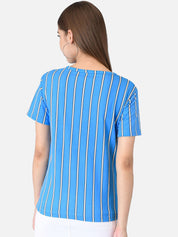 Kotty Women Blue & Orange Striped Round Neck T-shirt