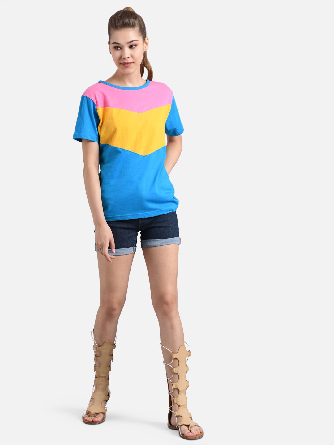 Kotty Women Blue & Yellow Colourblocked Round Neck T-shirt