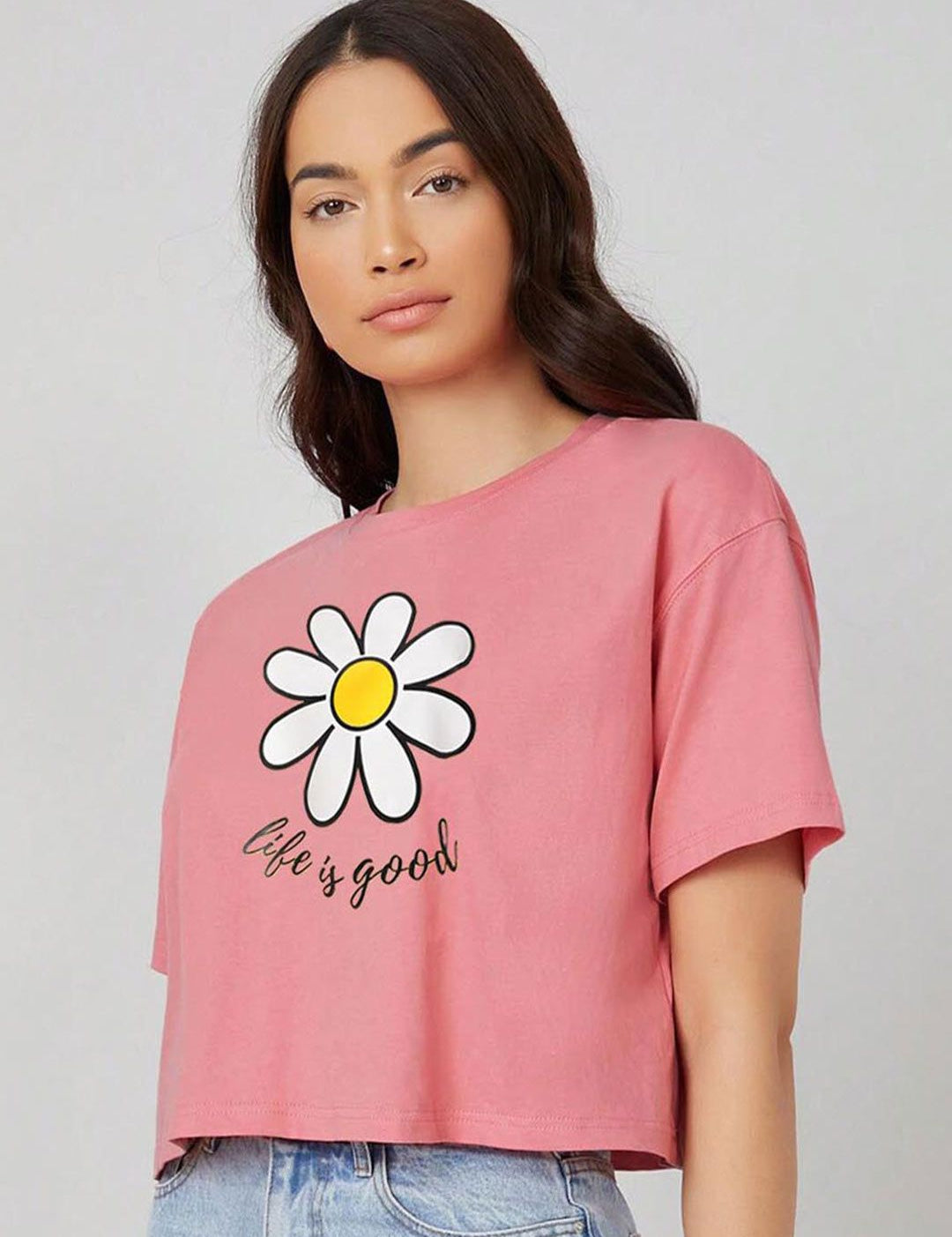 Kotty Pink Floral Printed Round Neck Drop-Shoulder Sleeves Oversized Crop T-shirt