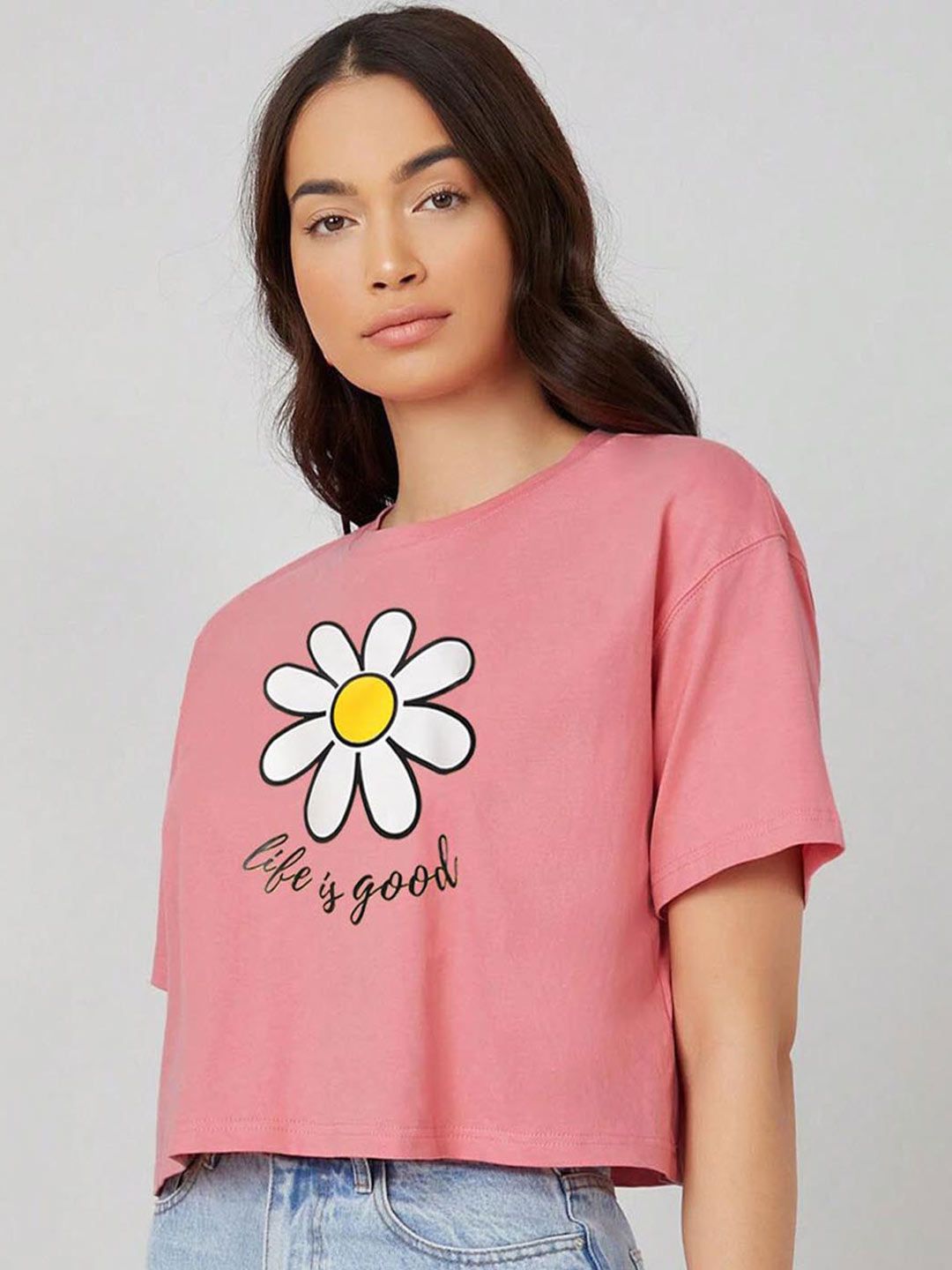 Kotty Pink Floral Printed Round Neck Drop-Shoulder Sleeves Oversized Crop T-shirt