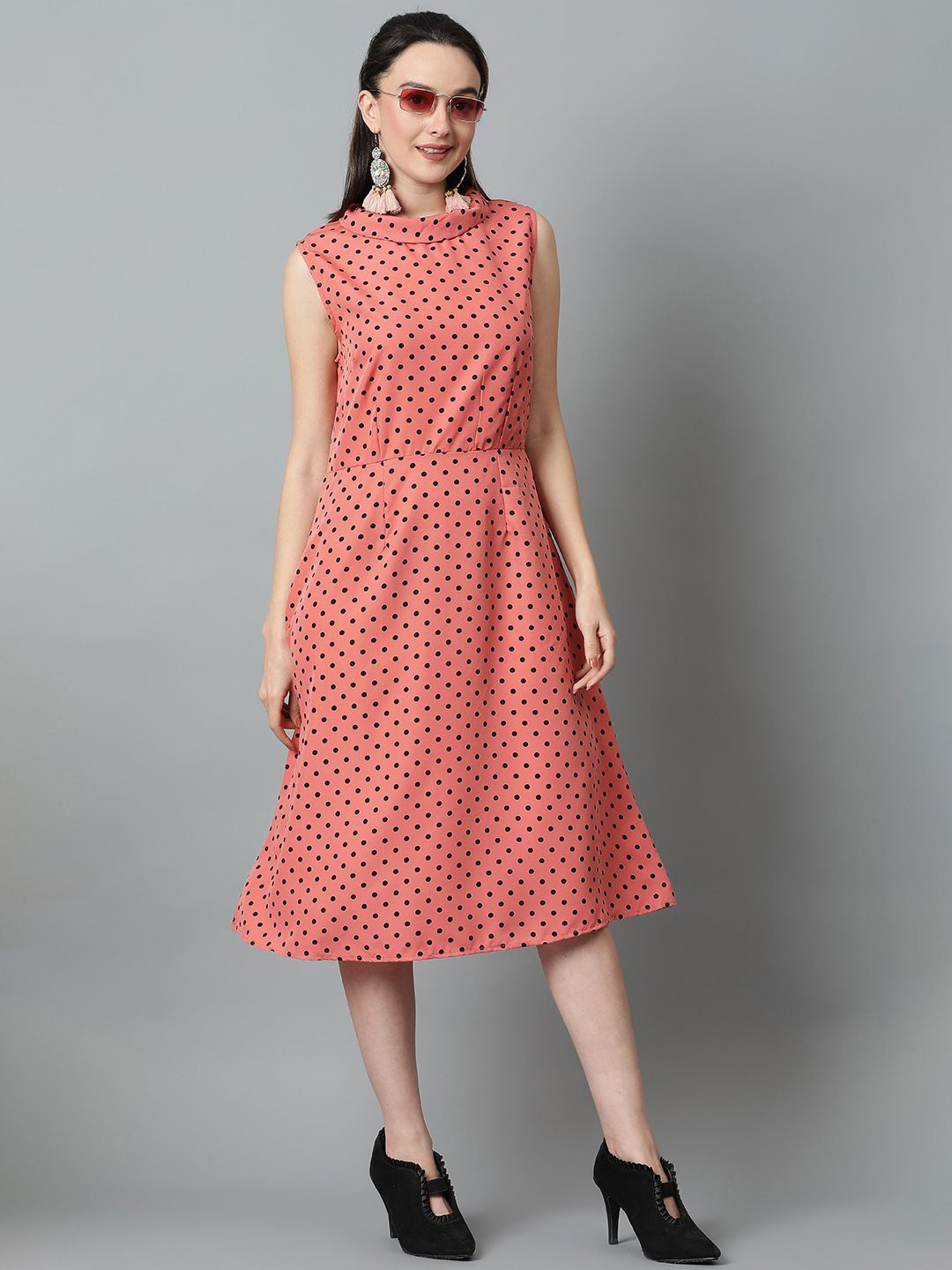 Kotty Polka Dot Printed High Neck Sleeveless Fit & Flare Midi Dress