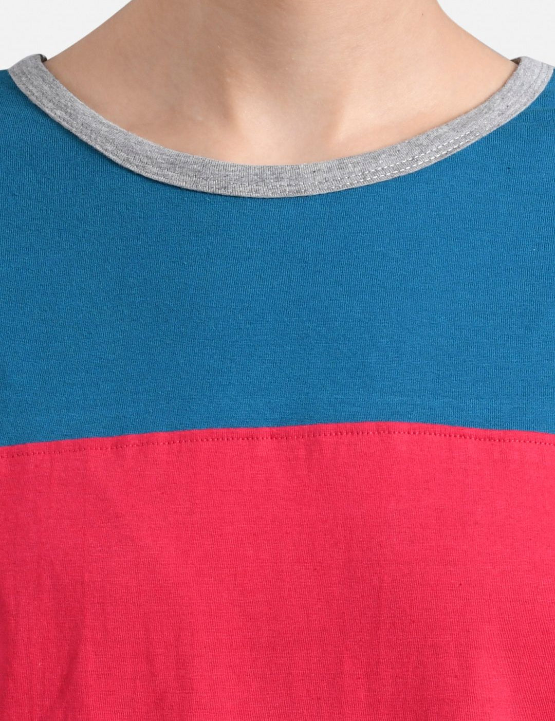 Kotty Women Grey & Blue Colourblocked Round Neck T-shirt