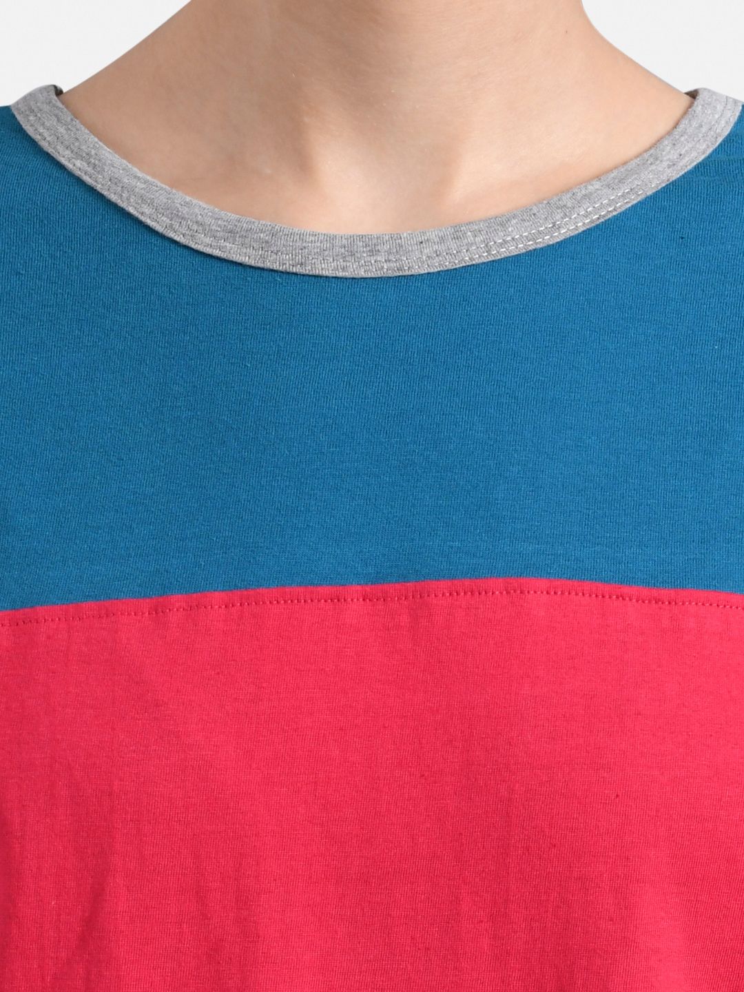 Kotty Women Grey & Blue Colourblocked Round Neck T-shirt