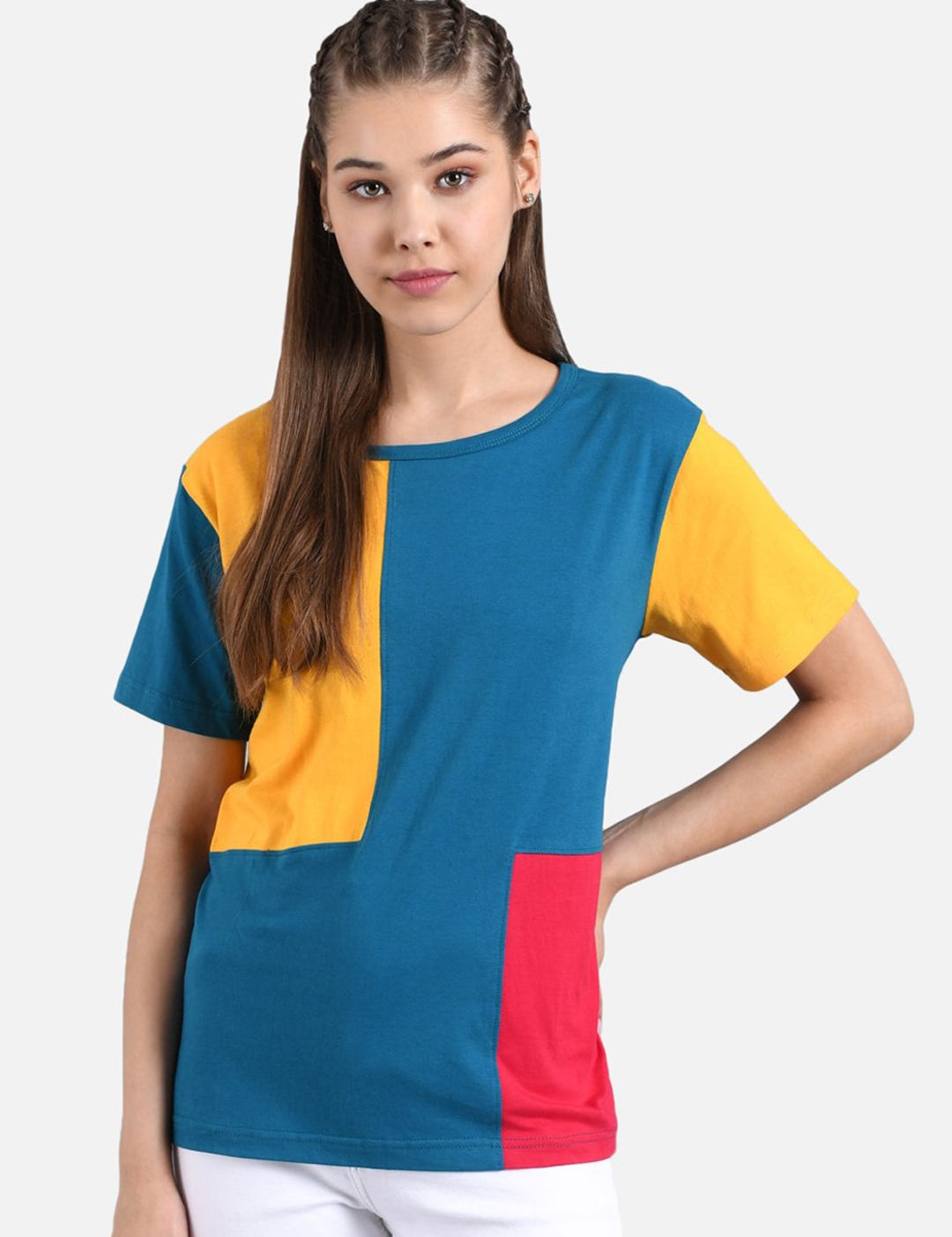 Kotty Women Yellow Colourblocked Round Neck T-shirt