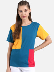 Kotty Women Yellow Colourblocked Round Neck T-shirt