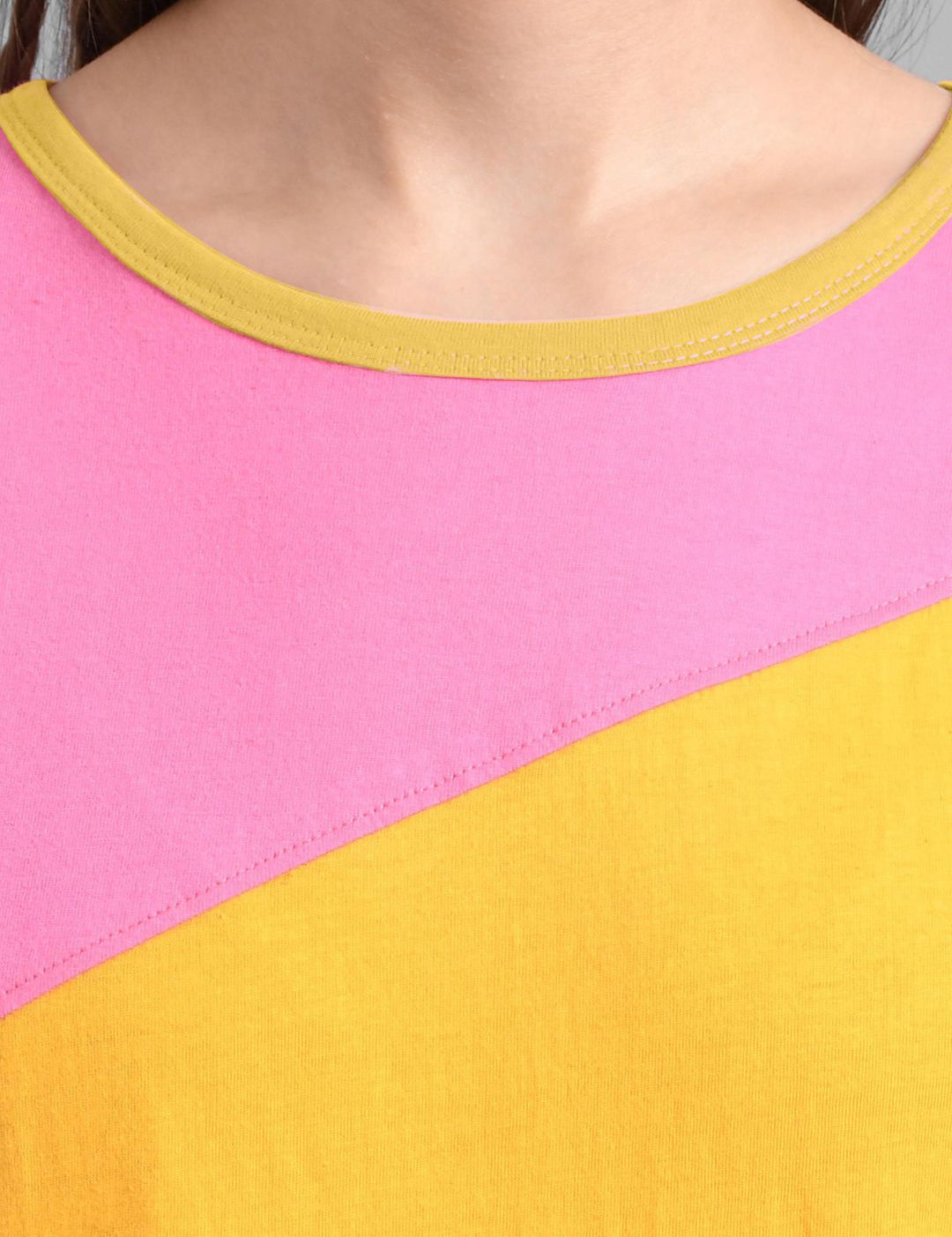 Kotty Women Yellow & Pink Colourblocked T-shirt