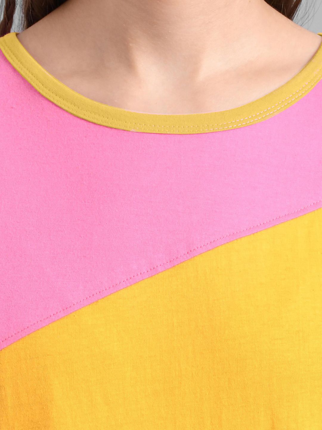 Kotty Women Yellow & Pink Colourblocked T-shirt