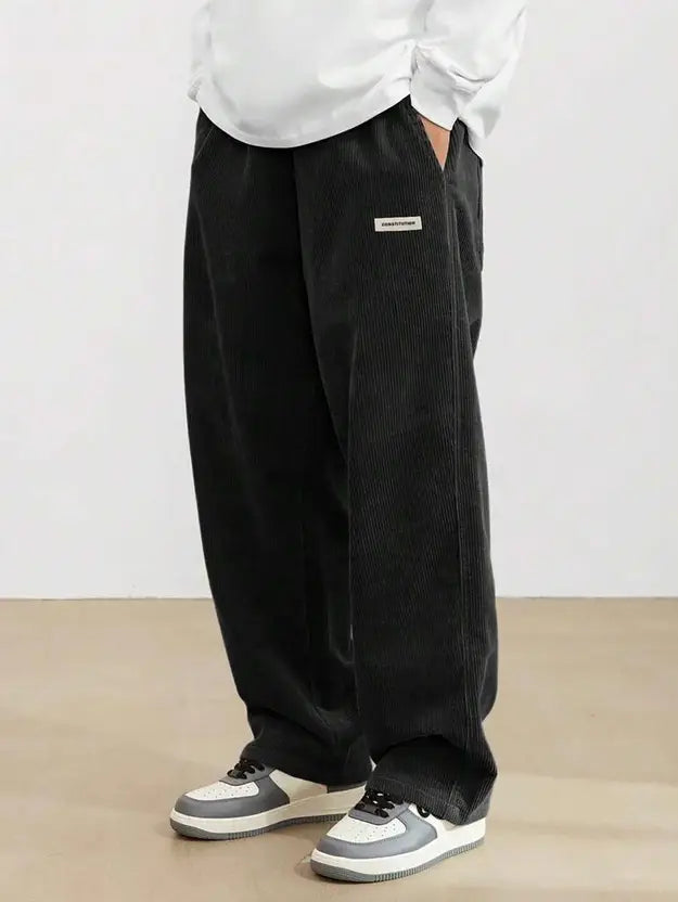 KOTTY  Men Loose Fit Black Corduroy Trousers