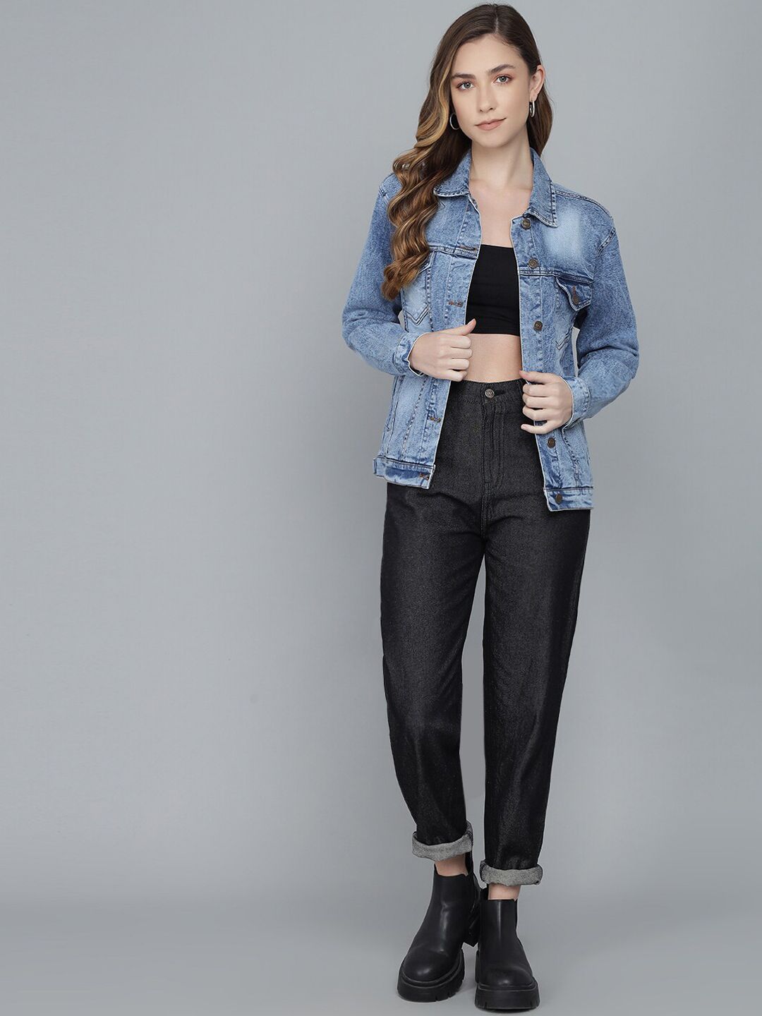 Kotty Women Blue Washed Lightweight Denim Jacket with Patchwork