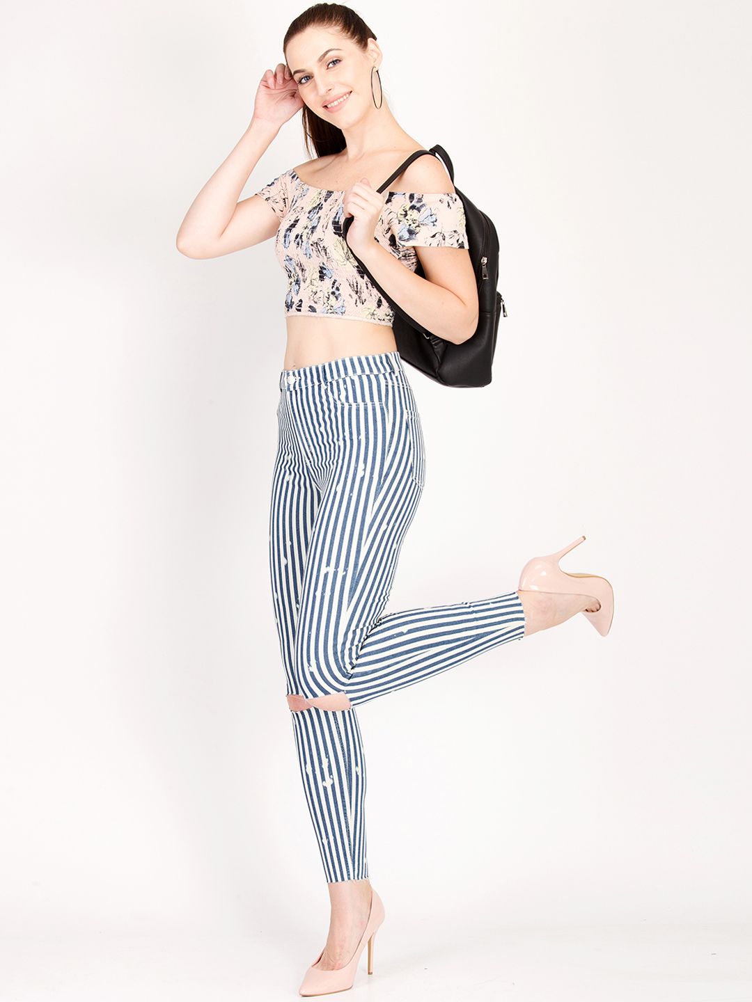 Kotty Women Blue and White Striped Skinny Fit High-Rise Distress Jeans