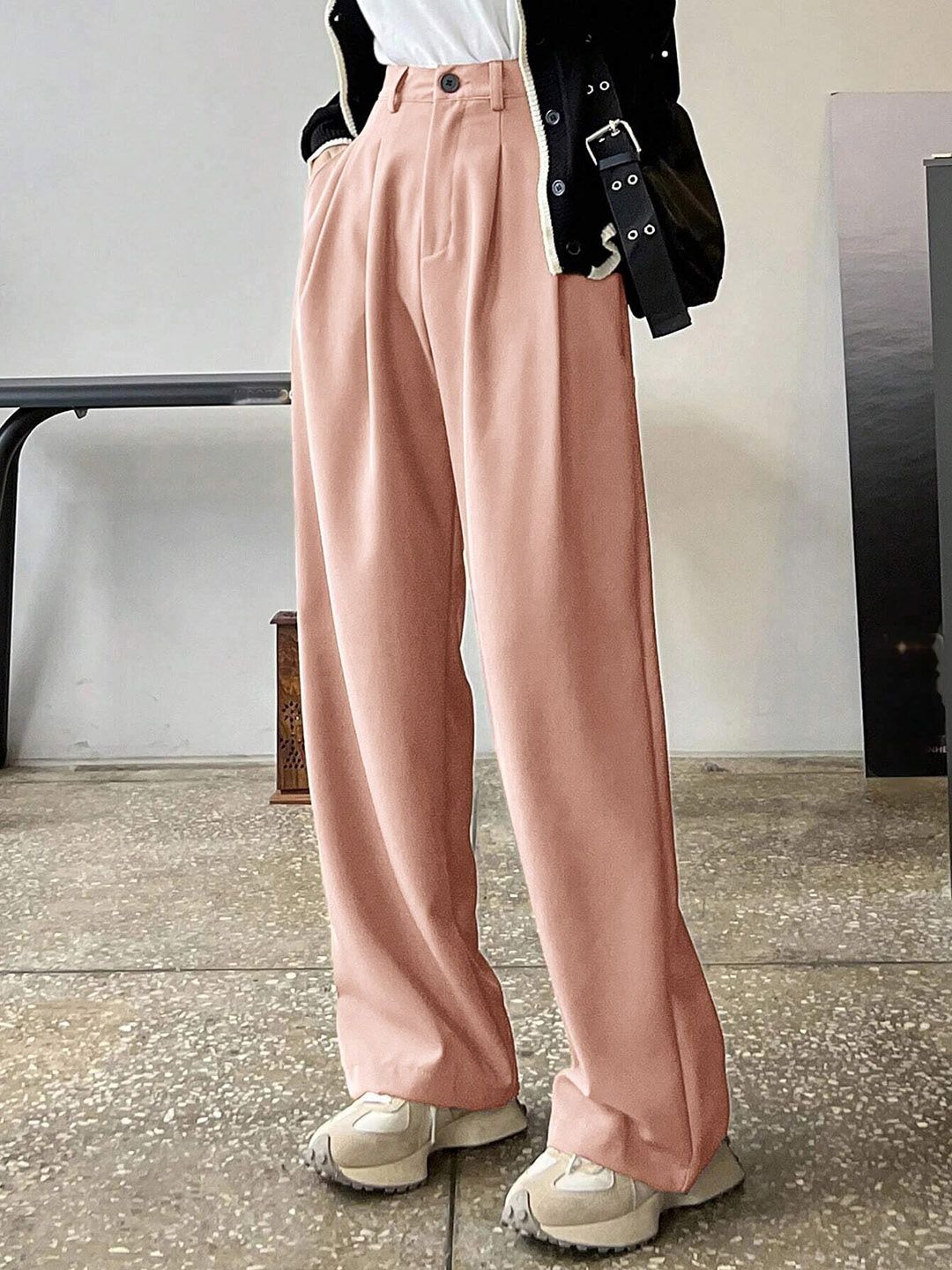 KOTTY BIZwear Women Pink Relaxed Straight Leg Straight Fit High-Rise Easy Wash Pleated Trousers