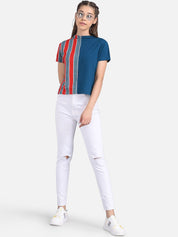 Kotty Women Red & Blue Striped Pure Cotton Top