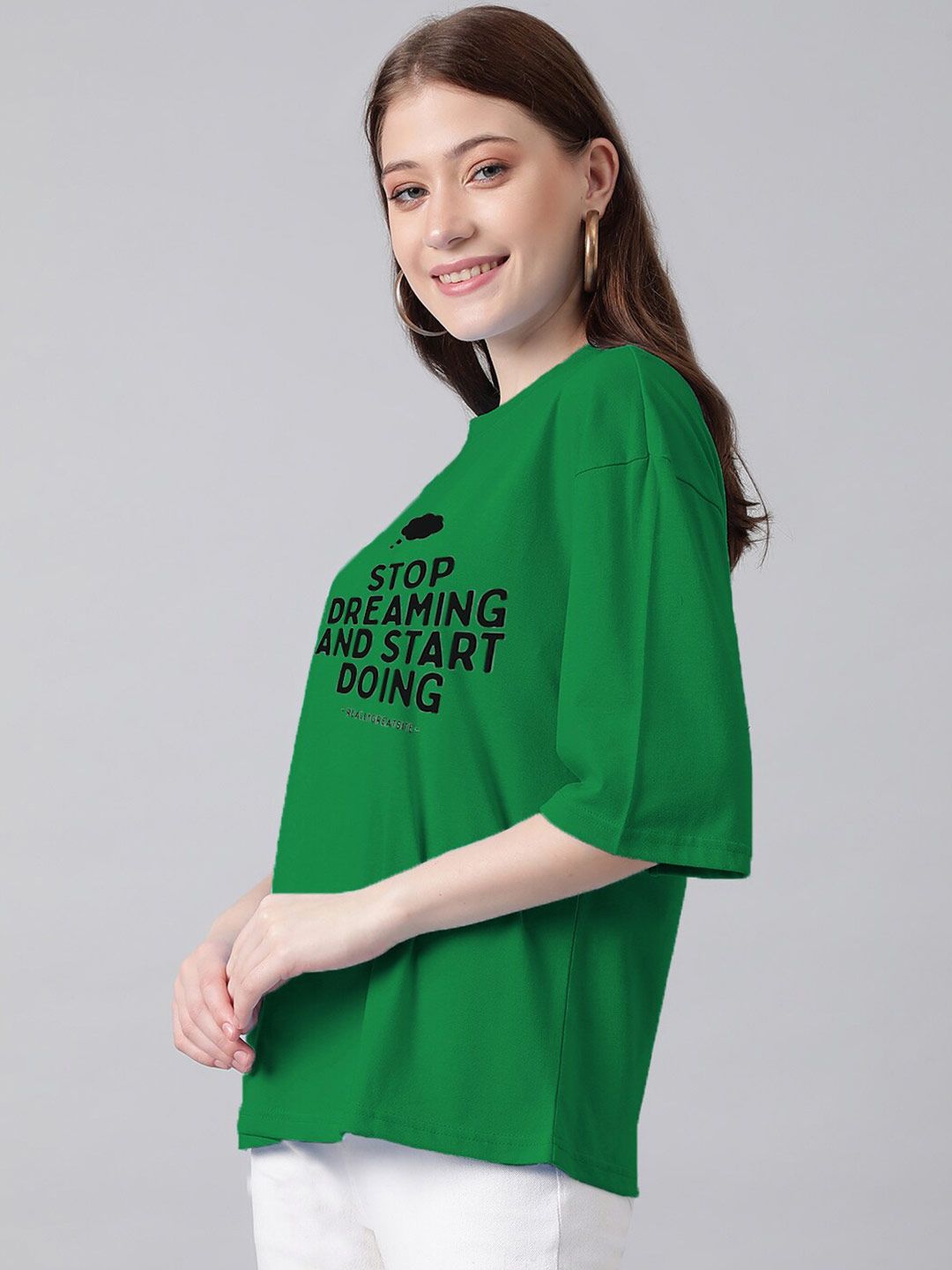 Kotty Green & Black Typography Printed Drop Shoulder Sleeves Oversized Casual T-Shirt