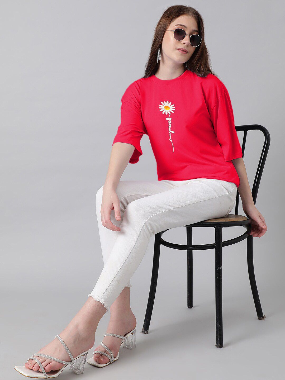 Kotty Floral Printed Round Neck Drop-Shoulder Sleeves Oversized Fit Cotton T-Shirt