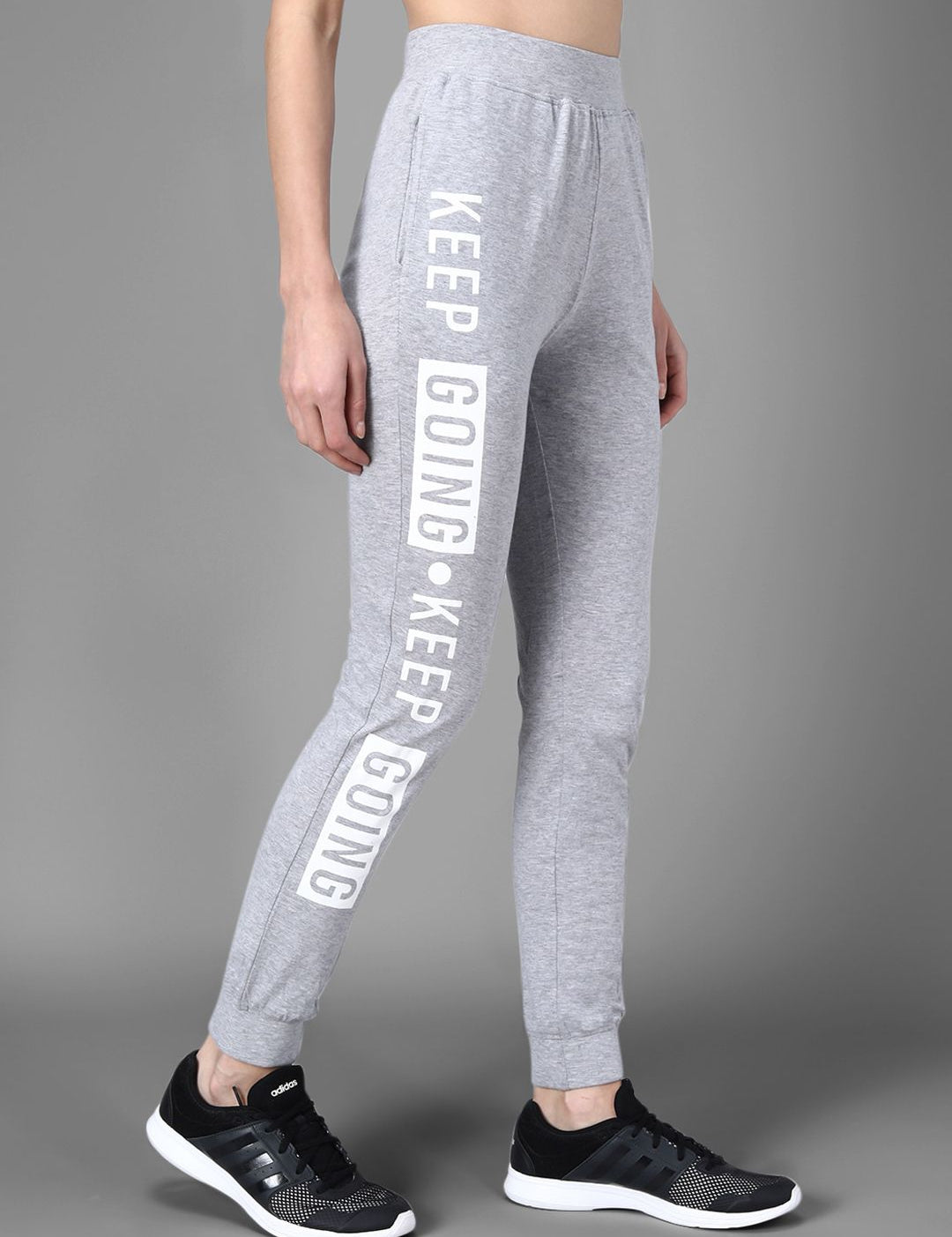 Kotty Women Grey Melange & White Printed Joggers