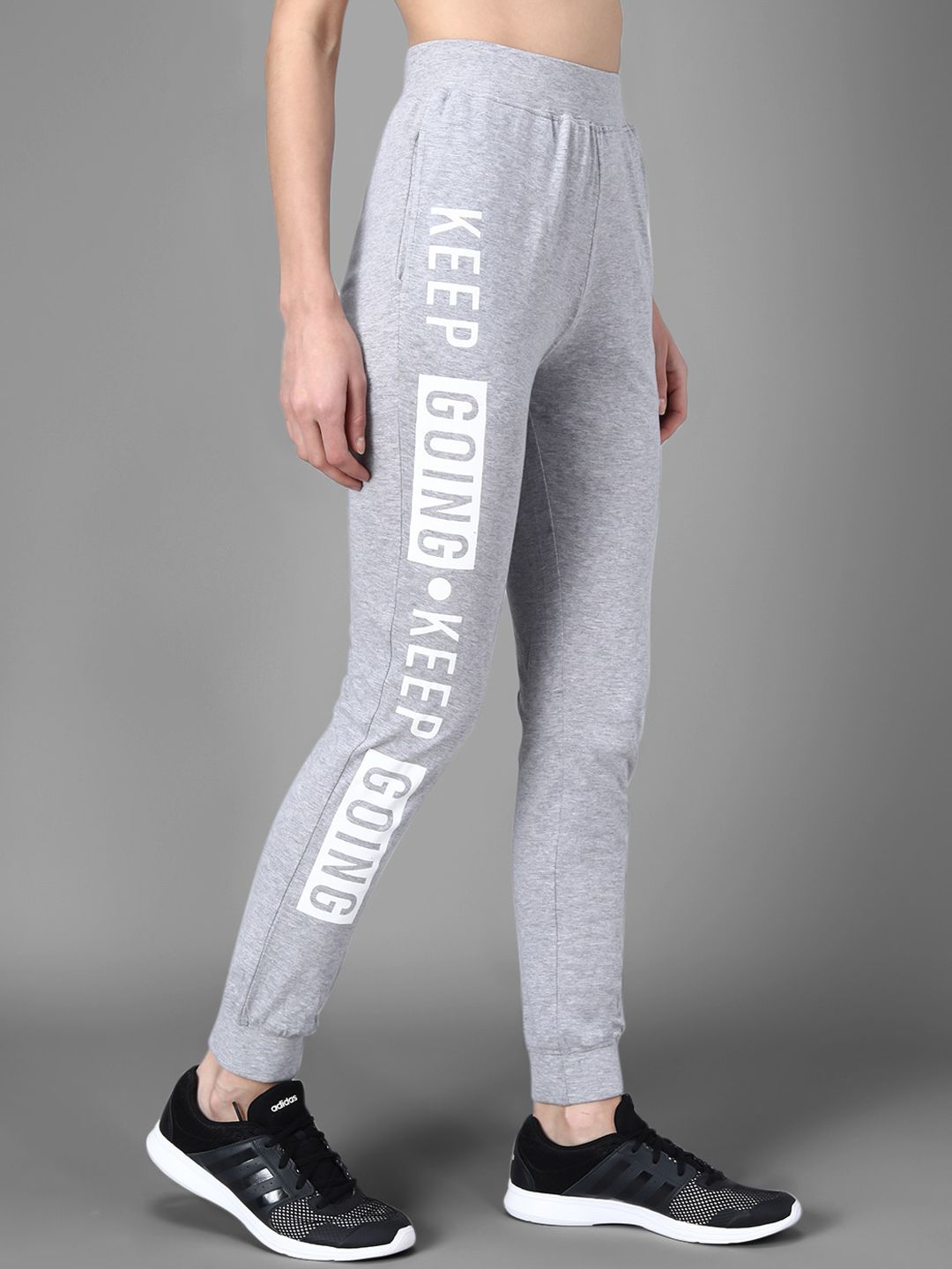 Kotty Women Grey Melange & White Printed Joggers
