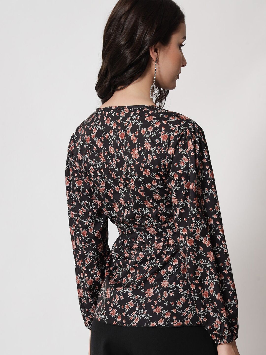 Kotty Floral Printed Puff Sleeves Wrap Top