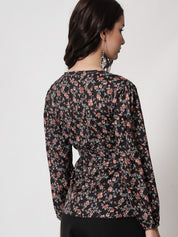 Kotty Floral Printed Puff Sleeves Wrap Top