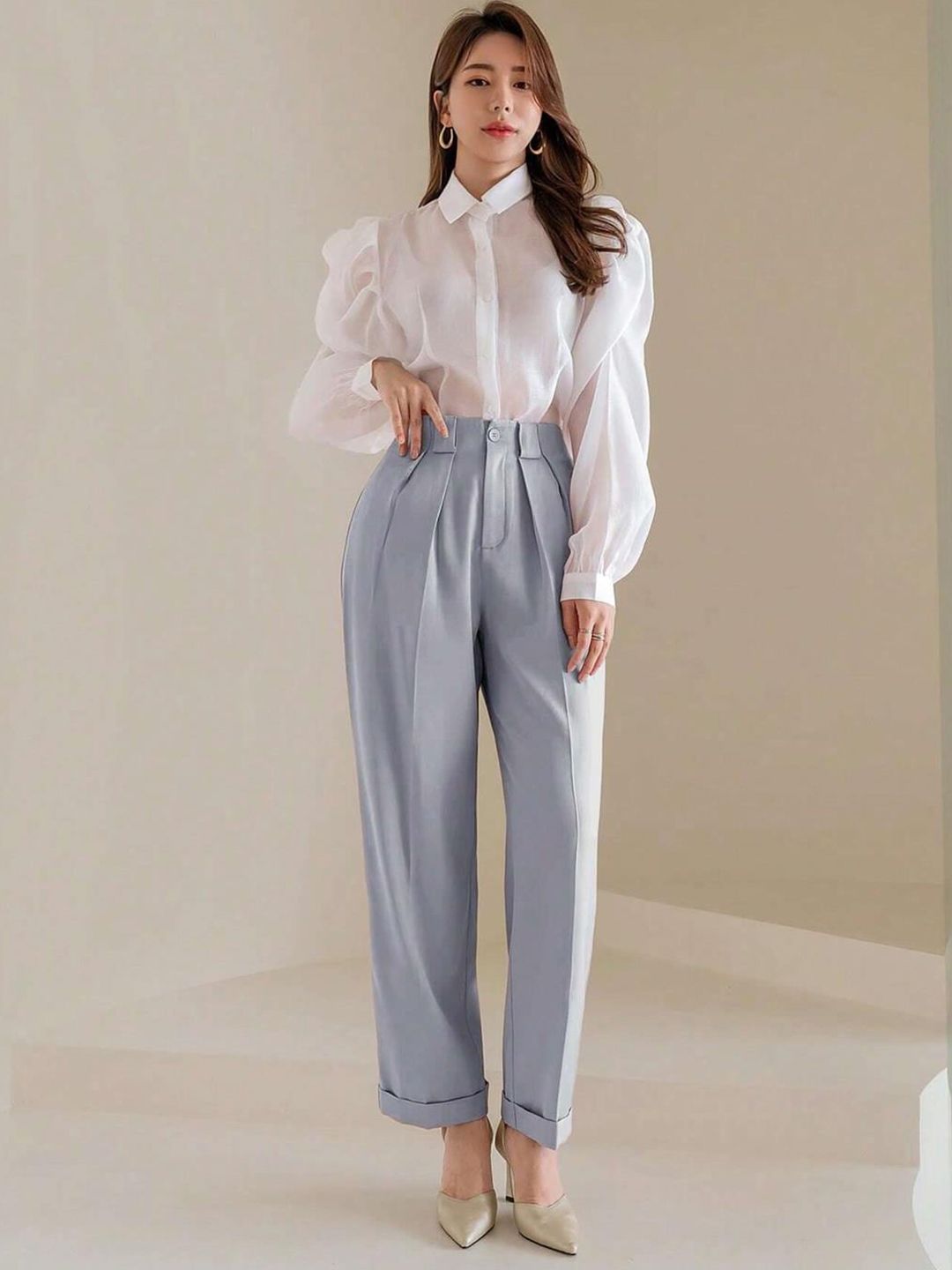 Kotty Women Striped Relaxed Straight Leg Straight Fit High-Rise Cotton Pleated Trousers