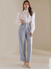 Kotty Women Striped Relaxed Straight Leg Straight Fit High-Rise Cotton Pleated Trousers