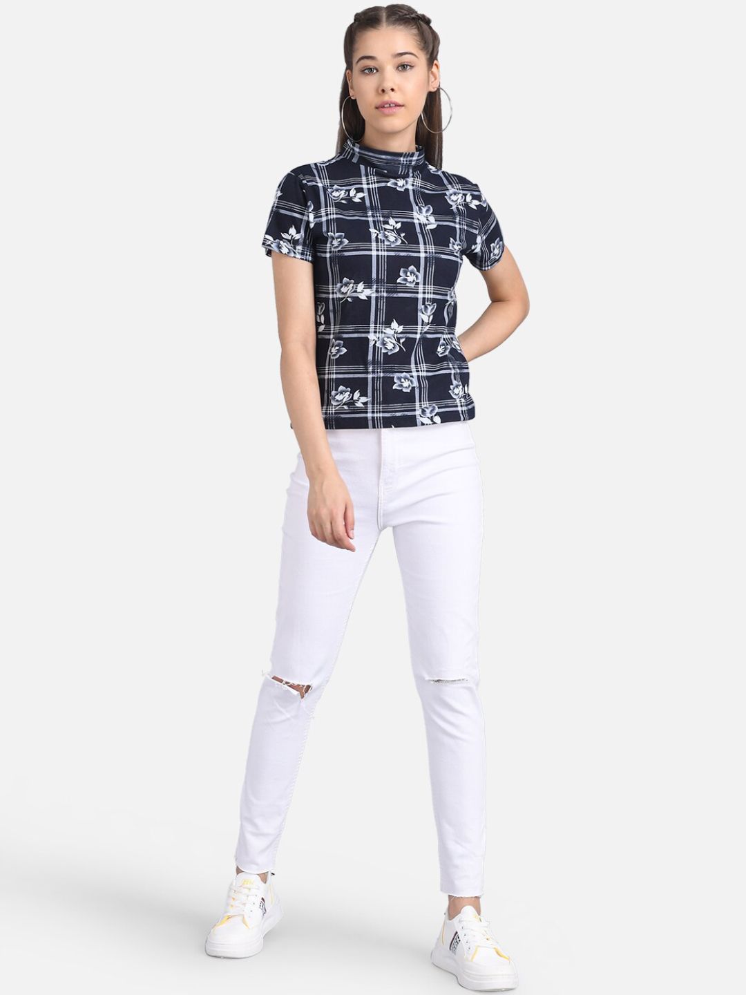 Kotty Women Navy Blue & White Floral Checked Pure Cotton Top