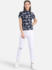 Kotty Women Navy Blue & White Floral Checked Pure Cotton Top