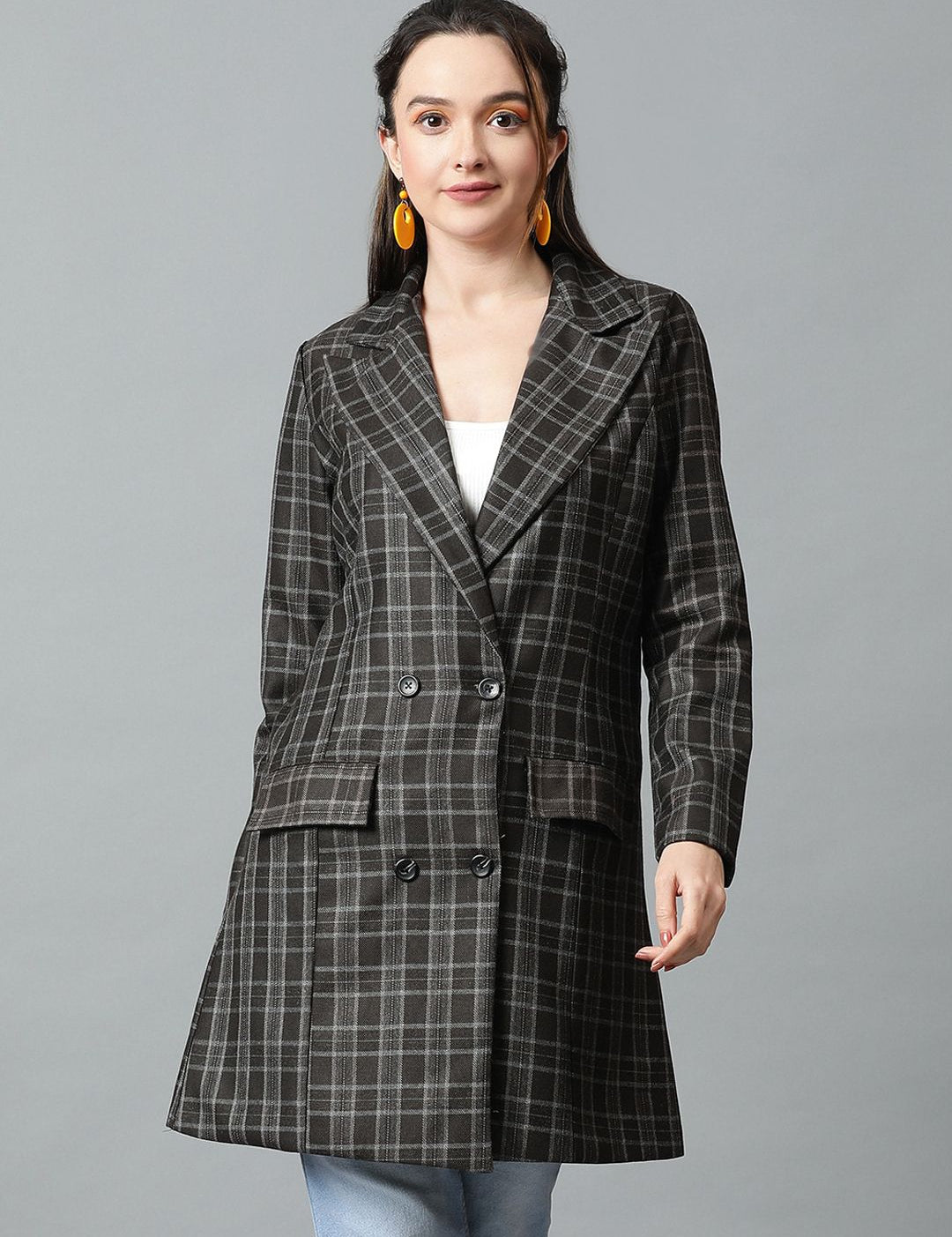 KOTTY BIZwear Grey Checked Double-Breasted Overcoat