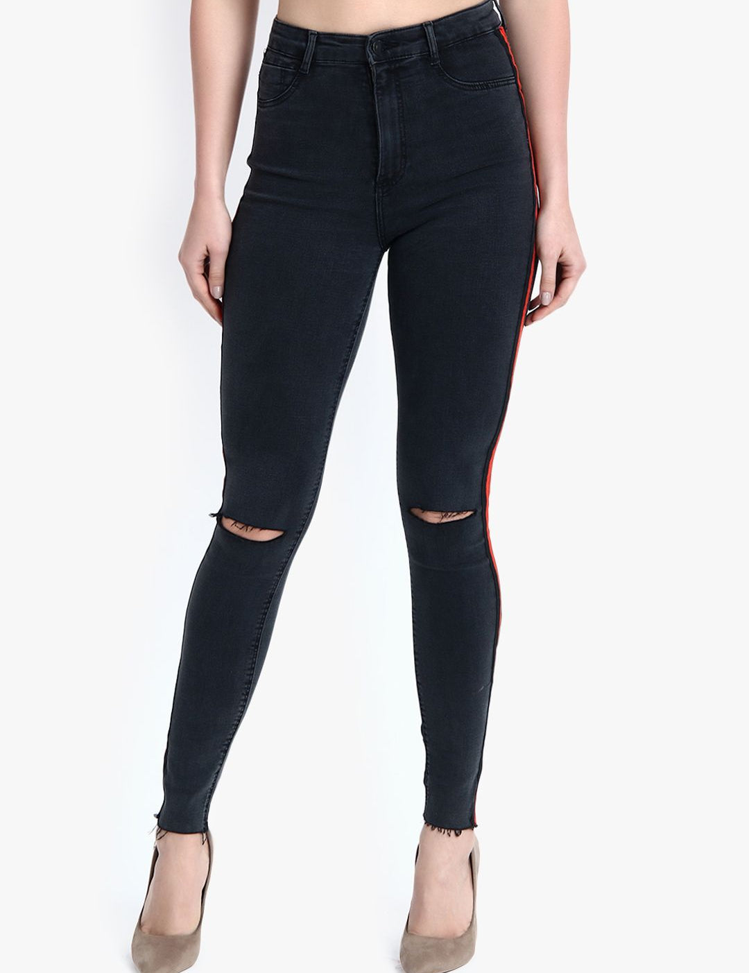 Kotty Women Black Skinny Fit High-Rise Slash Knee Stretchable Jeans