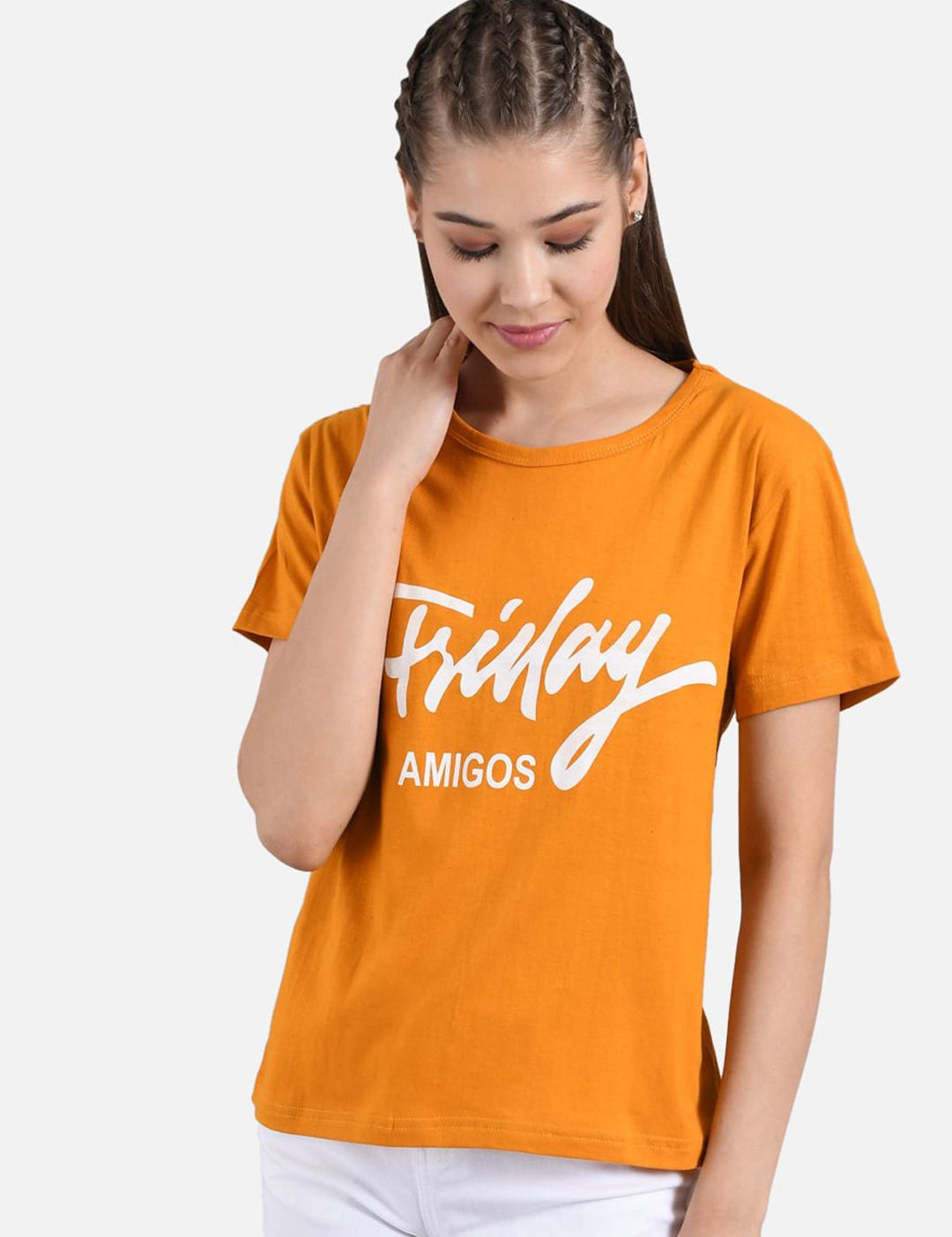 Kotty Women Orange Printed Round Neck T-shirt