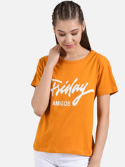 Kotty Women Orange Printed Round Neck T-shirt