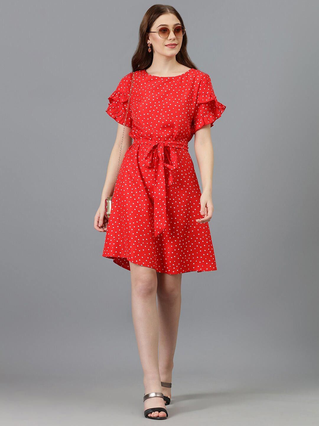 Kotty Printed Bell Sleeve Crepe A-Line Dress