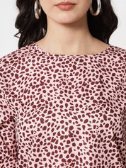 Kotty Round Neck Animal Printed Cuffed Sleeves Top