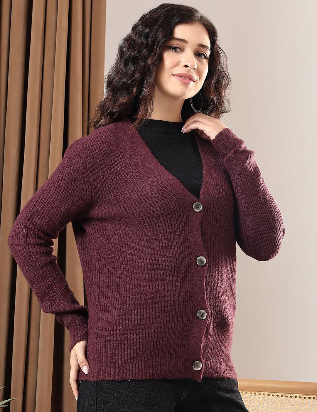 Kotty Women V-Neck Cotton Ribbed Cardigan