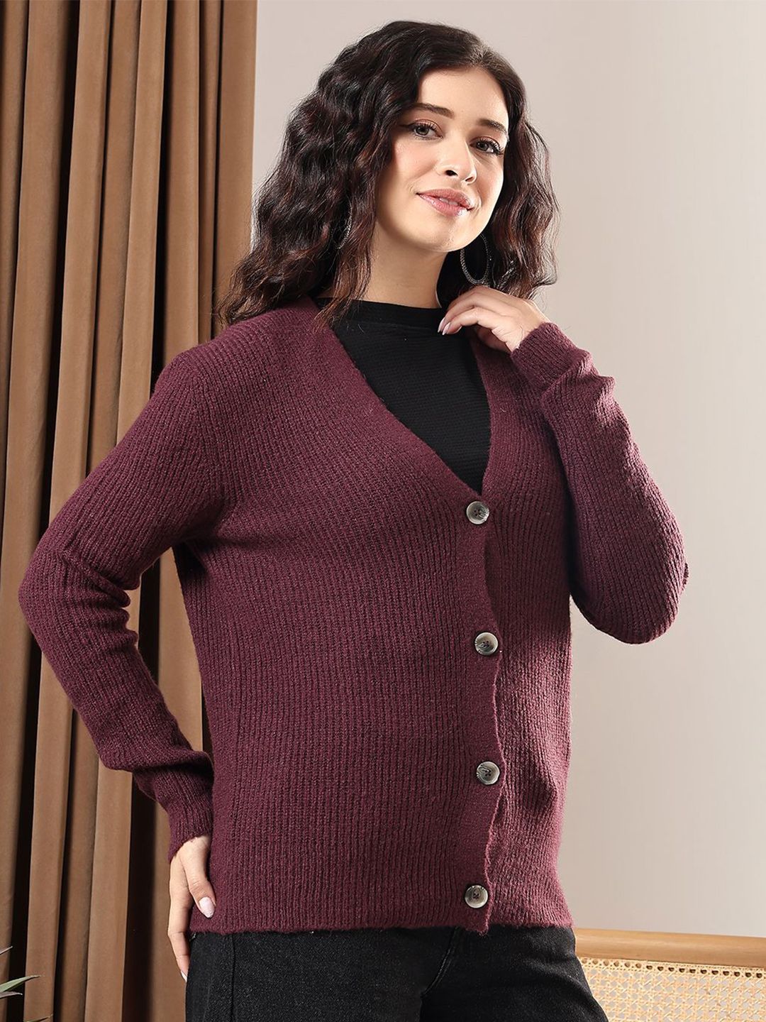 Kotty Women V-Neck Cotton Ribbed Cardigan