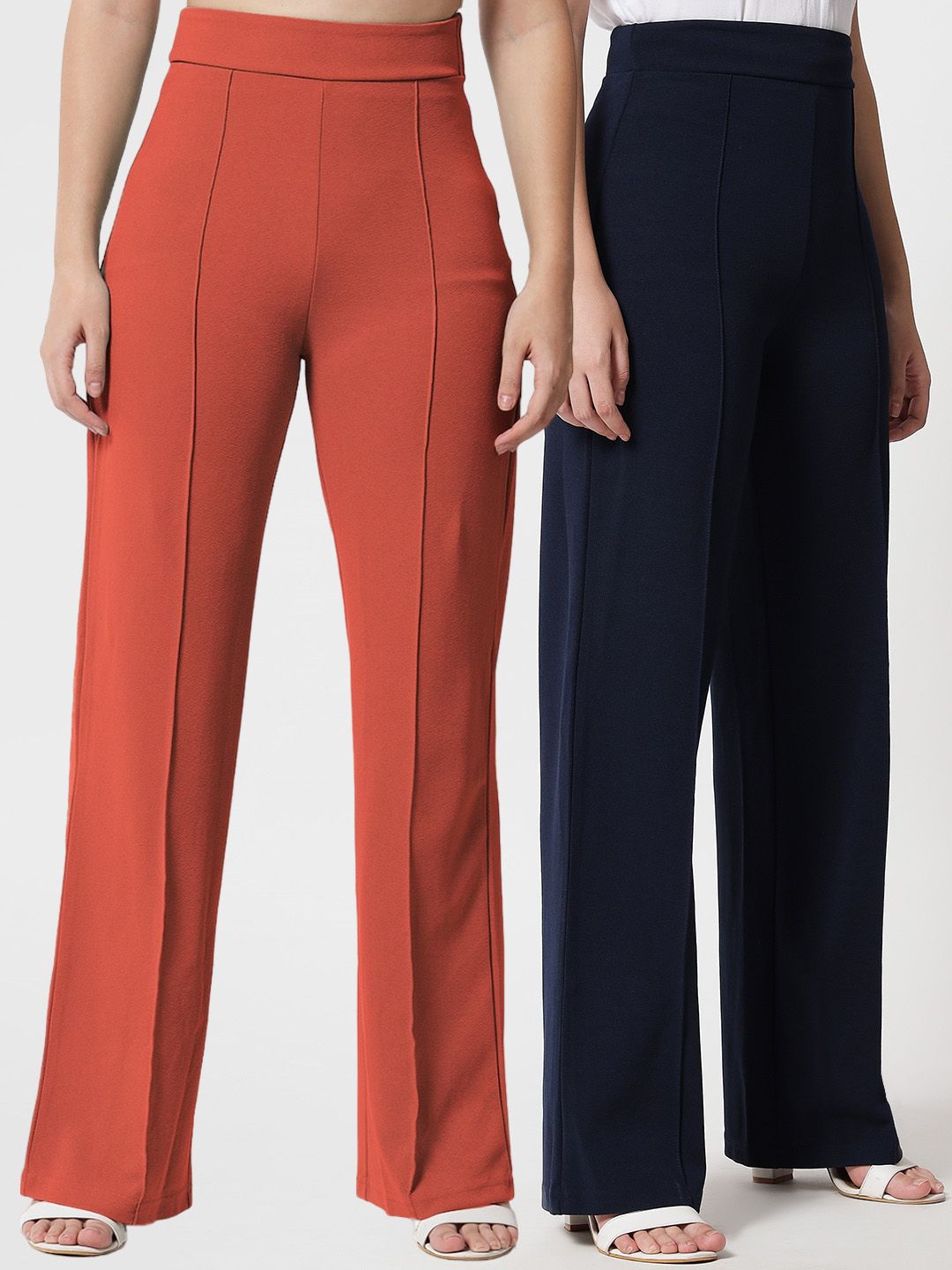 Kotty Women Pack Of 2 Relaxed Straight Fit High-Rise Easy Wash Trousers