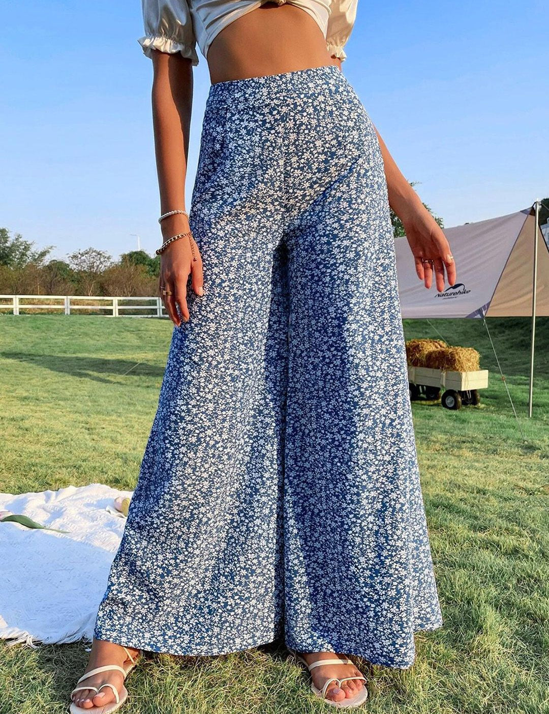 Kotty Women Multicoloured Floral Printed Relaxed Flared High-Rise Easy Wash Wide Leg Trousers