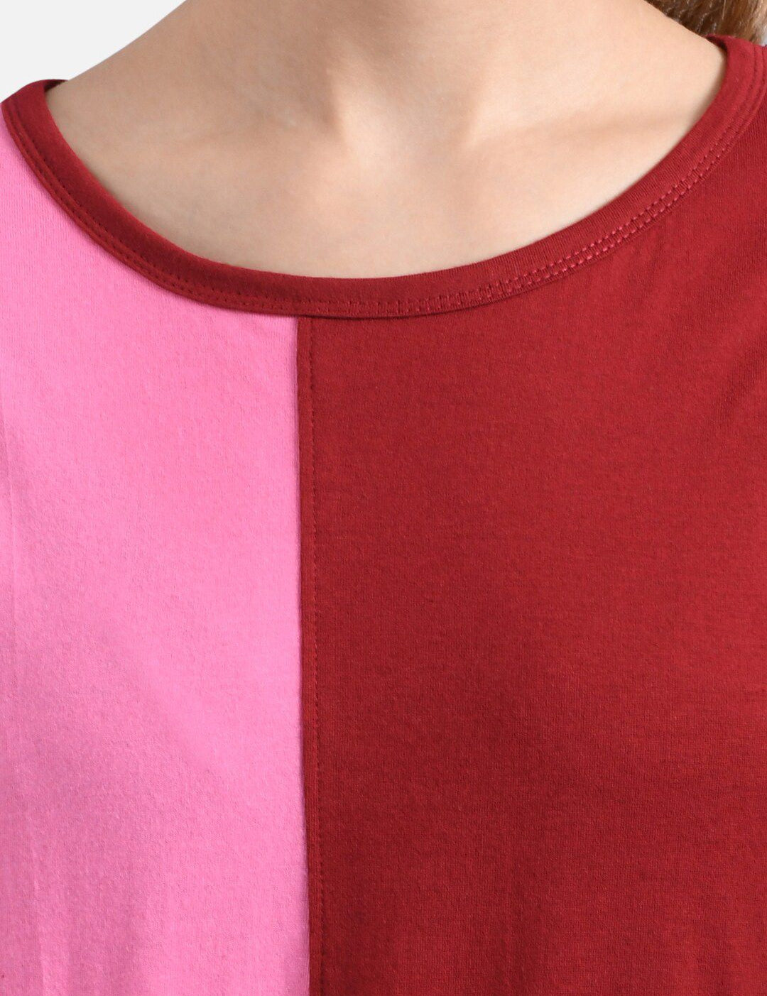 Kotty Women Maroon & Turquoise Blue Colourblocked Round Neck T-shirt
