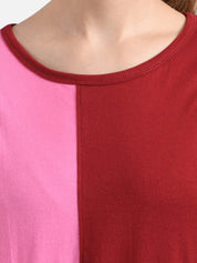 Kotty Women Maroon & Turquoise Blue Colourblocked Round Neck T-shirt