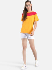 Kotty Women Mustard Yellow & Red Colourblocked Round Neck T-shirt