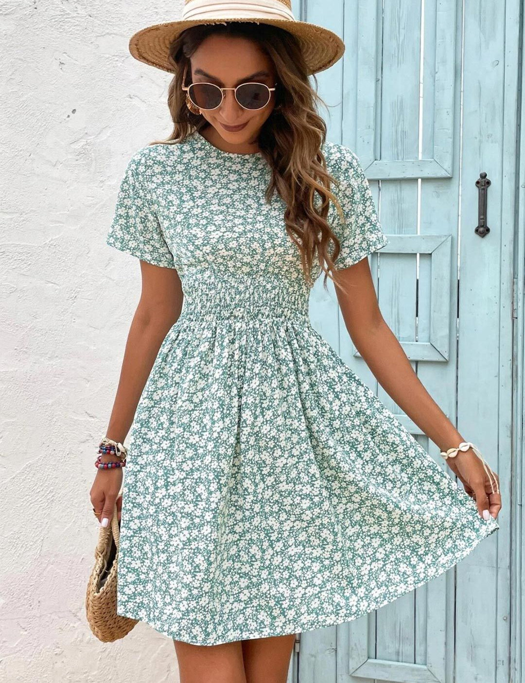 Kotty Blue Floral Printed Smocked Fit & Flare Dress