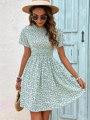 Kotty Blue Floral Printed Smocked Fit & Flare Dress
