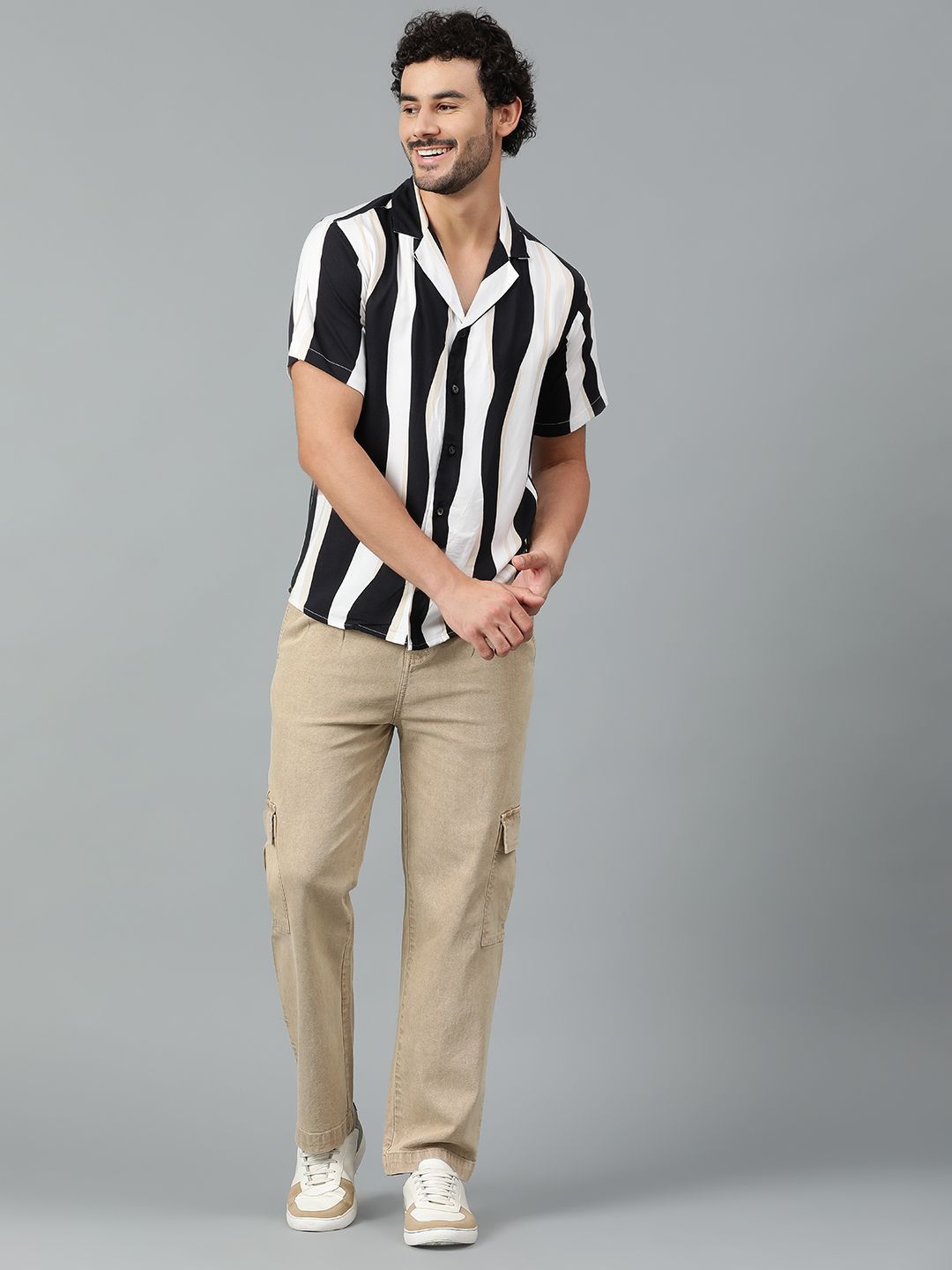 Kotty Men Cuban Collar Striped Casual Shirt